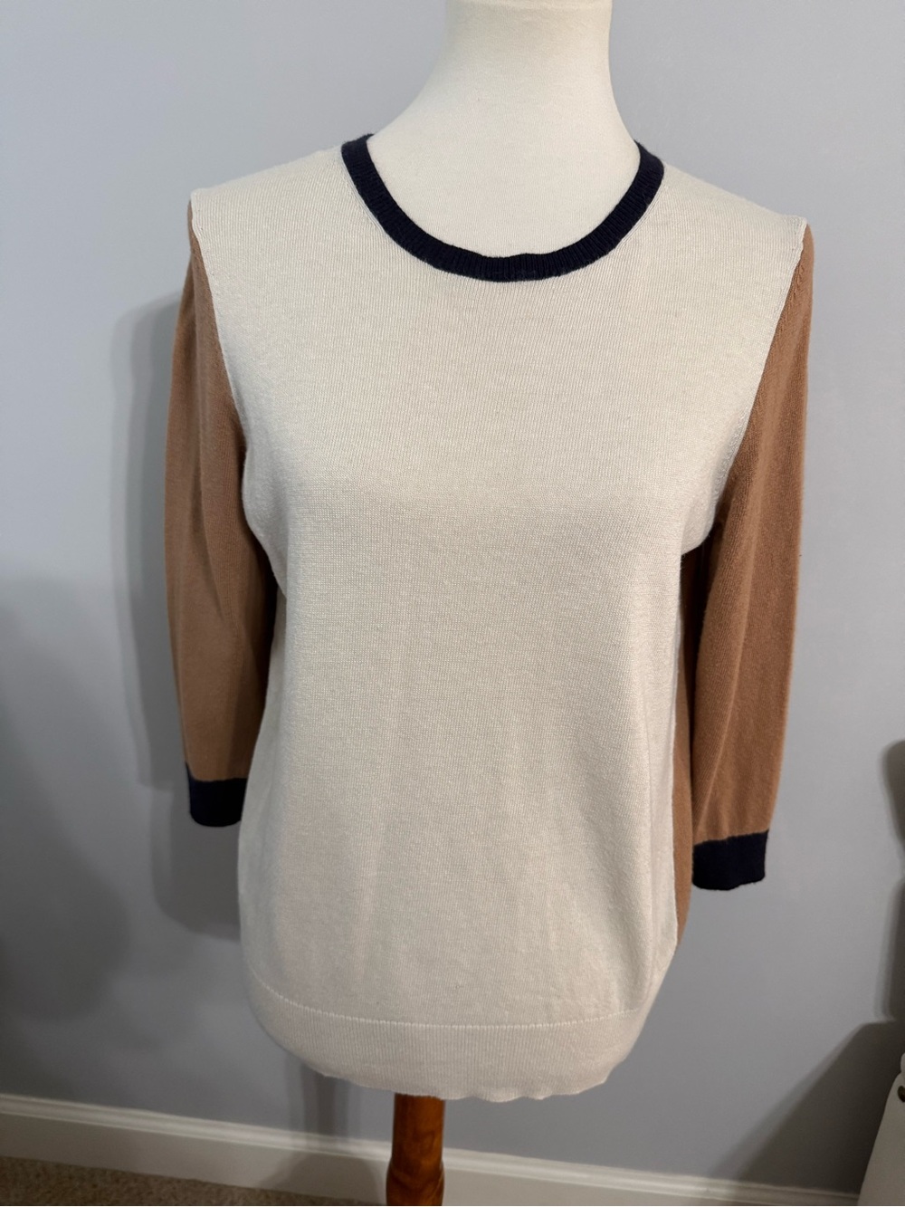 LOFT Cream and Camel Colorblock Crew Sweater with Navy Trim